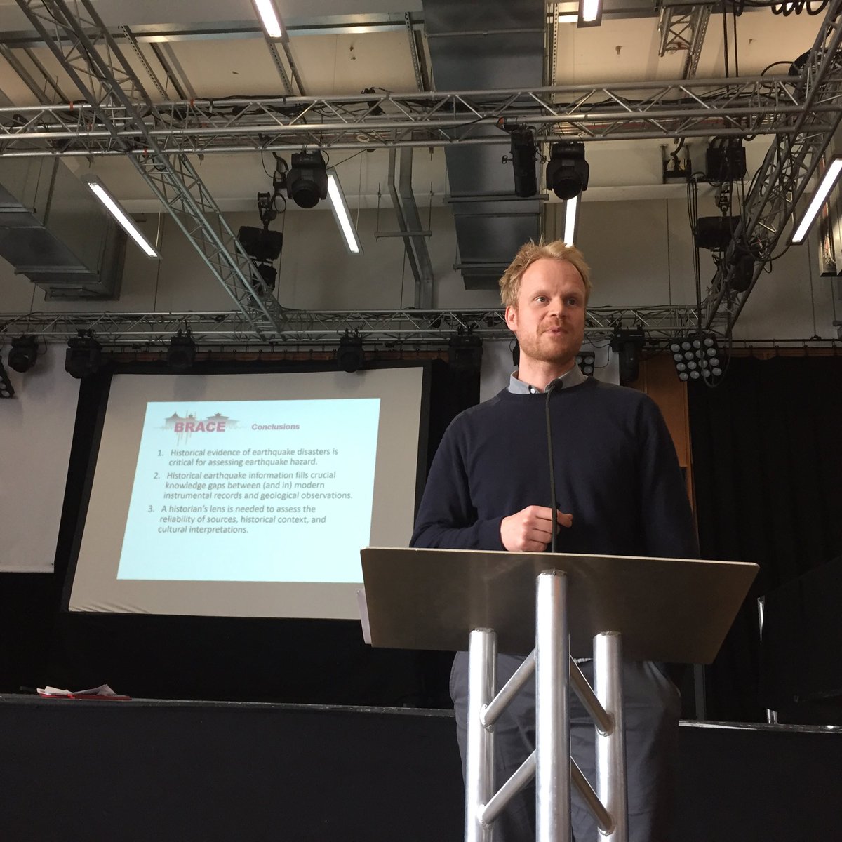 Max Werner kicks off his talk with reflections on working with historians on earthquake hazards. First slide? Conclusions! #efficient #UKADR2018
