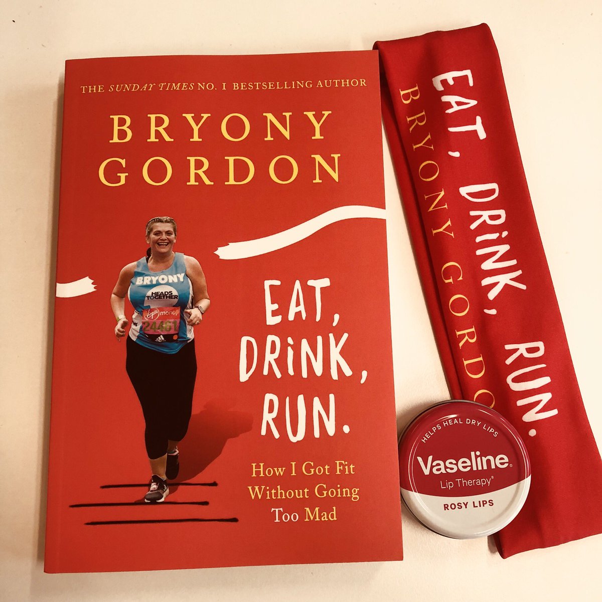 FabFrosty's tweet image. Looking forward to racing through @bryony_gordon’s #EatDrinkRun, especially now I have my very own sweatband (and anti-chafing Vaseline!). Thanks @PublicityBooks!