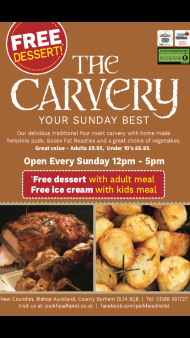 ParkHead_Hotel's tweet photo. Looking to dine out this Easter Sunday, we offer our traditional four roast carvery, with homemade Yorkshire puddings, goose fat roasties, and a great choice of vegetables.

Same delicious Carvery, same great price!

To reserve your table please call us on: 01388 661 727. https://t.co/ZvluvEWrpm