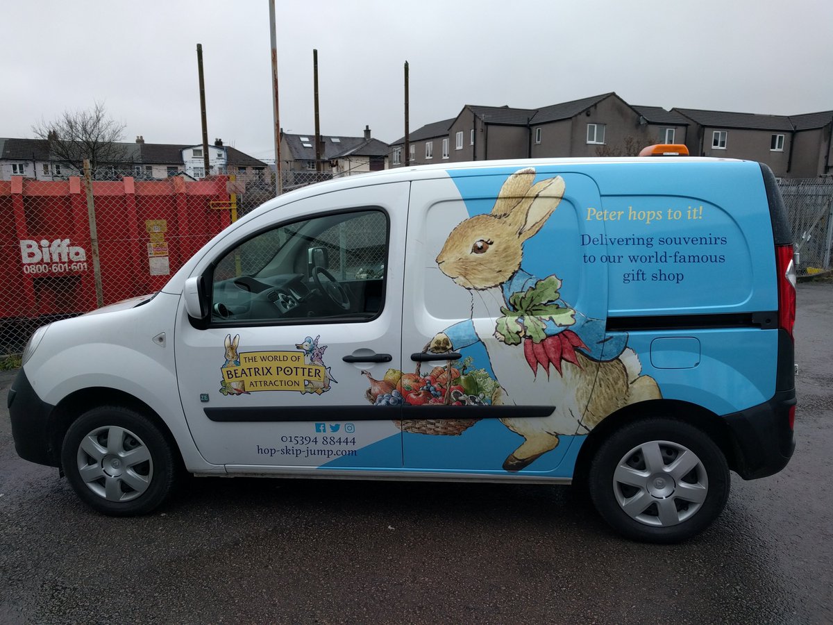 SunSignsKendal's tweet photo. New 'Peter hops to it!' vehicle wrap, printed and fitted for The World of Beatrix Potter @peterrabbitnews #PeterRabbit #BeatrixPotter #vehiclewrap https://t.co/Mvo2tT2E0Y