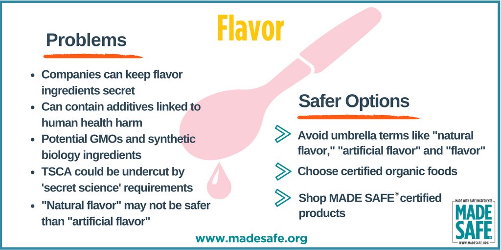 madesafehq's tweet photo. Flavor can be as complex as “fragrance,” and can include thousands of additional ingredients, synthetic chemicals, and more. https://t.co/CqMDD2d5QI #madesafe https://t.co/c5dnKPh5uS