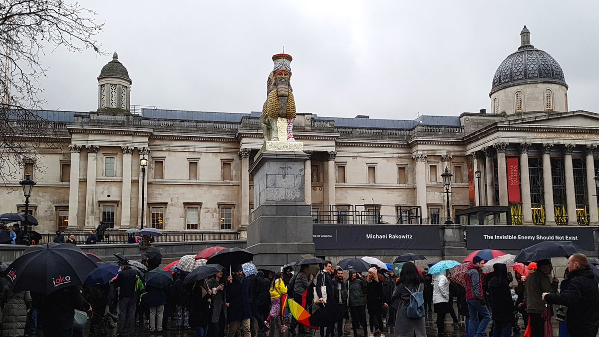icacharity's tweet photo. The #Lamassu has finally landed in #London!
The sculpture, 'The Invisible Enemy Should Not Exist' is by American artist of Iraqi-Jewish heritage, Michael Rakowitz &amp; comprises 10,500 empty #Iraqi date syrup cans - unveiled this morning on the #FourthPlinth in #TrafalgarSquare https://t.co/iDixue1sUa