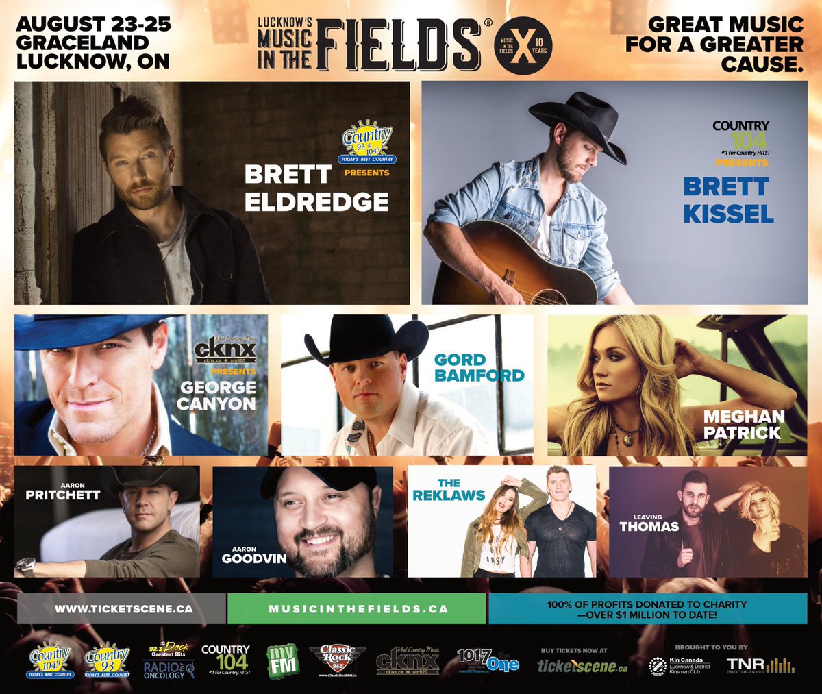 C O N T E S T -- the #LMITF2018 line up is officially here!  Brett Eldridge, Brett Kissel, Gord Bamford, George Canyon, Meghan Patrick and so much more!  Retweet before midnight on Sunday to win our draw for a pair of weekend passes! #LMITFTURNS10 musicinthefields.ca