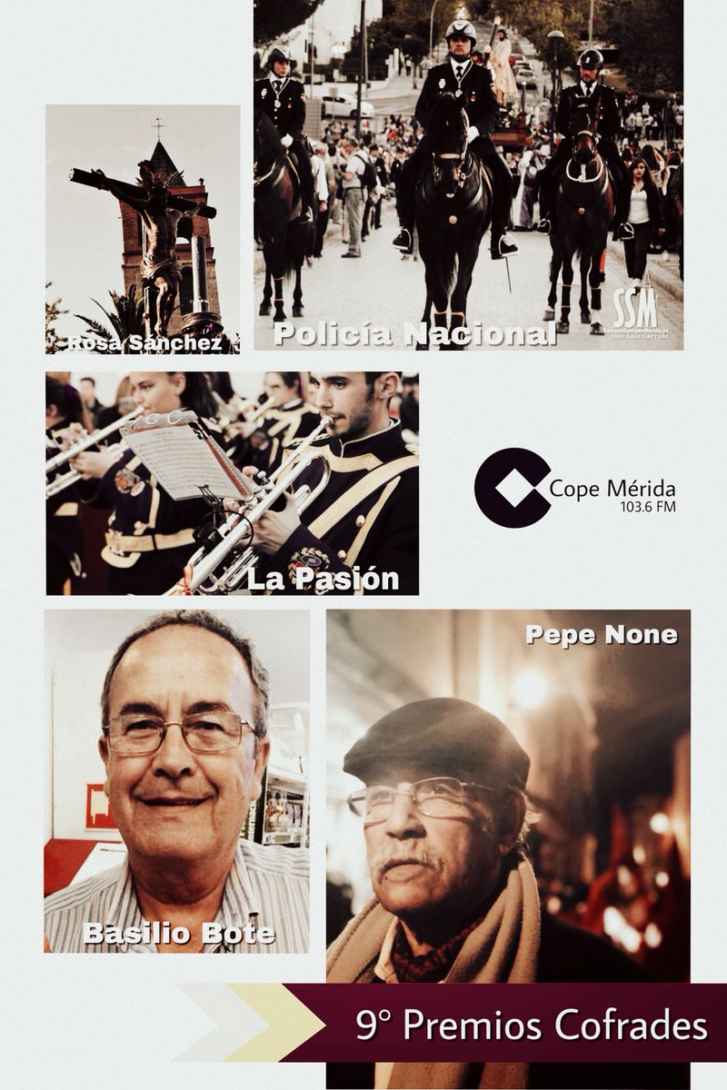 PasionEnMerida's tweet photo. Los IX PREMIOS COFRADES de @COPEMERIDA este año reconocen el trabajo de 5 personas o instituciones:

-Rosa Sánchez
-Policia Nacional @policia 
-Pepe None
-@LaPasionMerida 
-Basilio Bote https://t.co/vXRUWleQY8