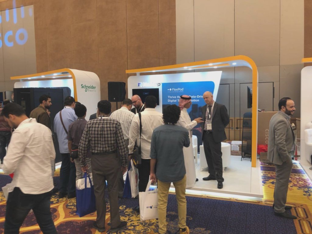 NetAppME's tweet photo. Busy NetApp booth at #CiscoConnectSaudi! Are you there? Come by, meet the team and discuss business & technology implications of changing IT trends! #FlexPod #FlexPodSF #BetterTogether https://t.co/NabAmluf2y