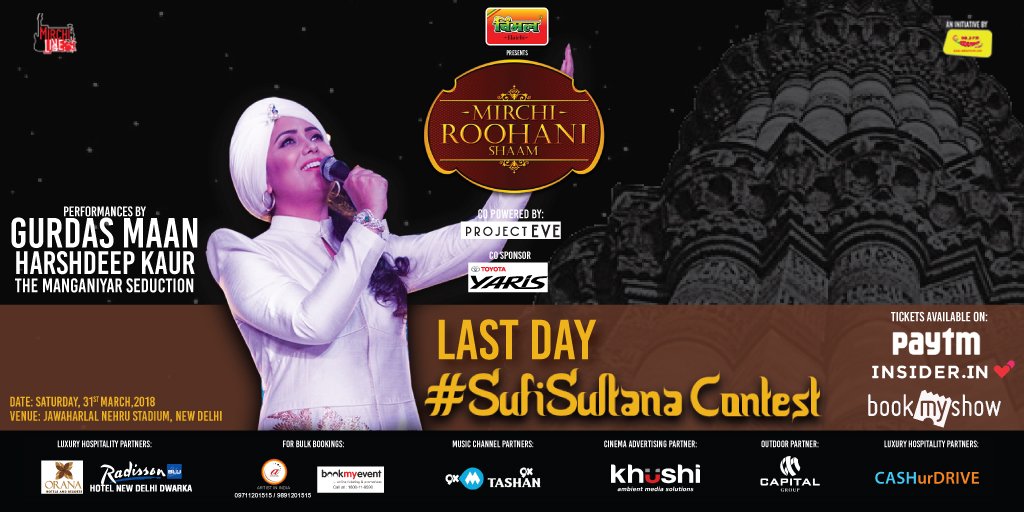 While you enjoy the #midweek #midday break! Here's a quick reminder - last day to participate in #SufiSultana contest and win passes to #MirchiRoohaniShaam where you get to experience the fascinating magic of  <a href="/HarshdeepKaur/">Harshdeep Kaur</a> LIVE!