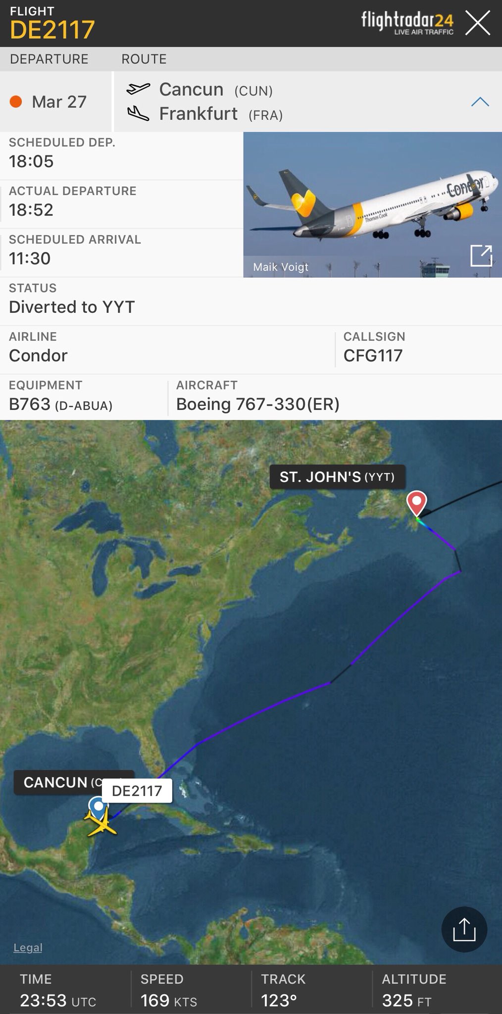 Tom Podolec Aviation on X: CONDOR DIVERSIONS Both diverted to St John's  Condor #DE2117 Cancun to Frankfurt Medical emergency   Condor #DE3835 Montego Bay to Dusseldorf Unknown  reason. Parked at deicing pads