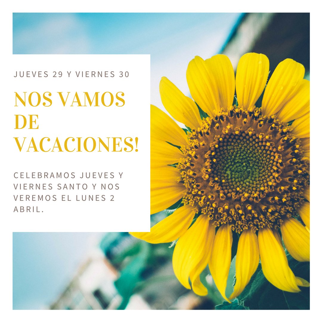 ZinkinnFood's tweet photo. Los próximos días Jueves Santo y Viernes Santo la cafetería permanecerá cerrada por festivo. 

Volvemos el Lunes 2 de Abril. Os deseamos unos felices días de vacaciones a todos 😊🌻
 #felizmiercoles #semanasanta #semanasantamalaga #semanasanta2018 #viernessanto #juevessanto https://t.co/FbHni9i2bQ