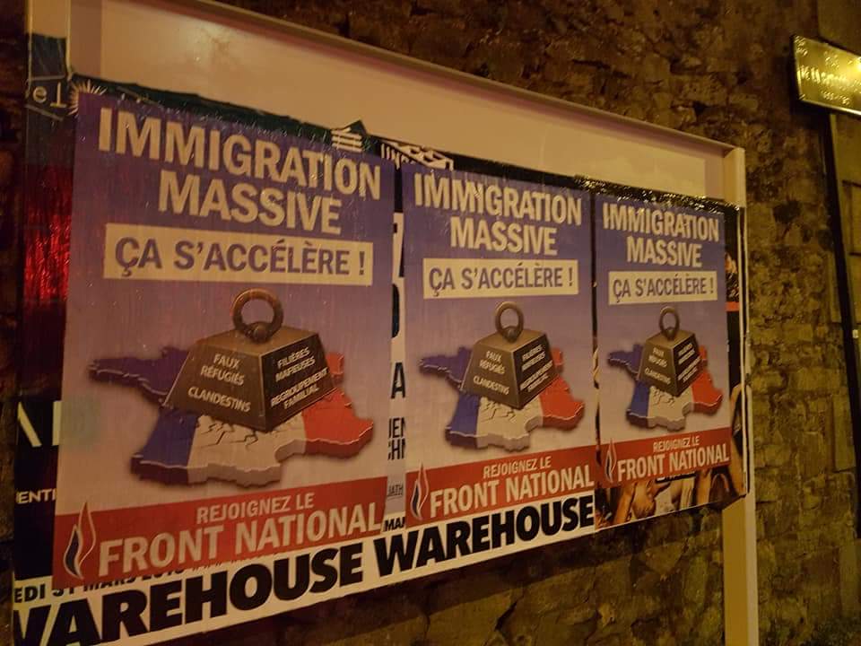 Rnational44's tweet photo. Hier à #Nantes, collage massif des militants du Front national. Immigration massive : ça s'accélère. #Marine, vite !
#FN44 https://t.co/eFR0cndFi7