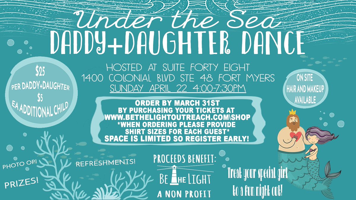 🎉🎉 Deadline for ticket purchases is this Saturday, March 31st!! Don't miss out on a fun night!! 🎉🎉
#BeTheLight #DaddyDaughter #Dance #UnderTheSea