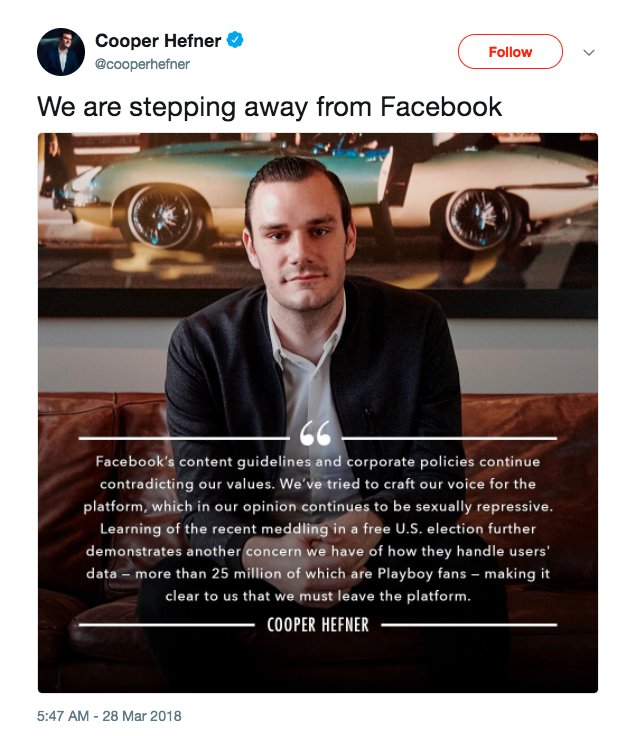 Playboy says it's quitting 'sexually repressive' Facebook.

Recent allegations of Facebook's role in enabling interference in US elections "demonstrates another concern we have of how they handle users' data," Playboy CCO Cooper Hefner said. abcn.ws/2uw2WNA