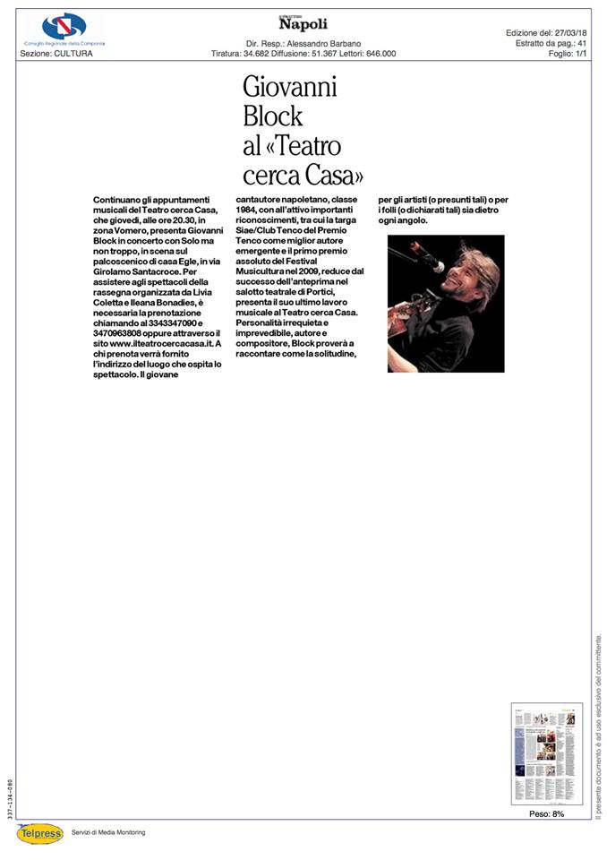 RASSEGNA STAMPA
Su Il <a href="/mattinodinapoli/">Il Mattino</a> il concerto di domani, giovedì 29 marzo, "Solo ma non troppo". Grazie!
La nostra proposta in prossimità delle festività pasquali, per trascorrere una piacevole serata, tra amici, con il talento e la musica di <a href="/giovanniblock/">Giovanni Block</a> 🎶