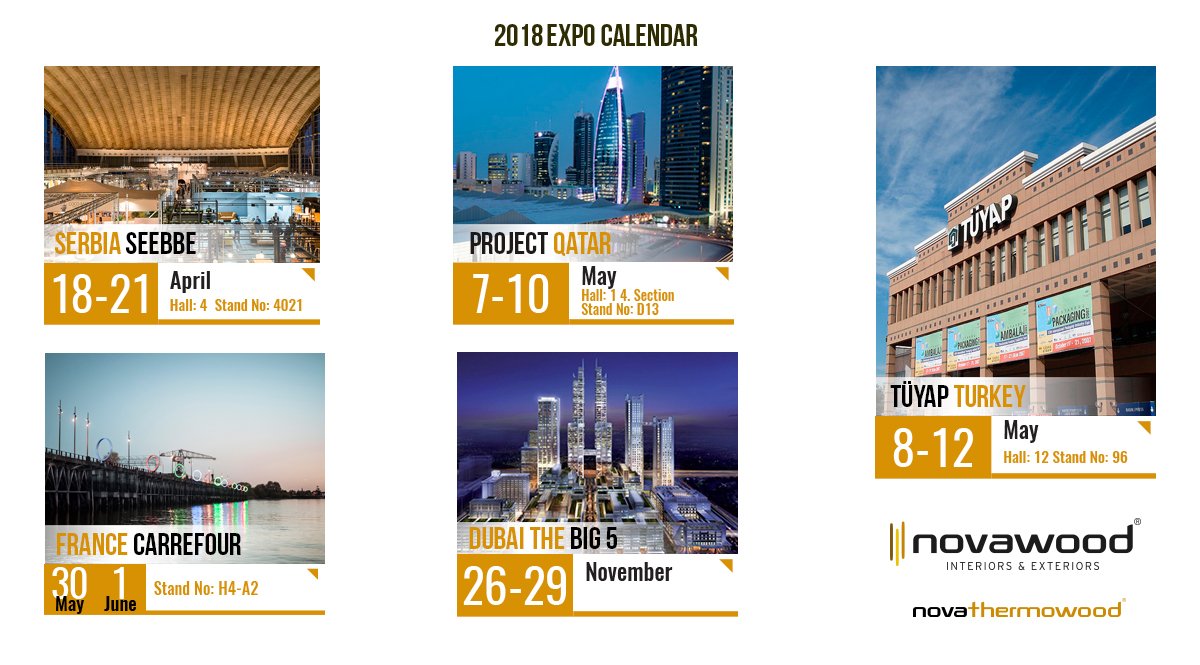 Novawood_AS's tweet photo. Novawood 2018 Expo Calendar
#novawood #thermawood #serbia #qatar #turkey #france #dubai #novathermawood #beogradskisajam #seebbe #2018expo #expo #thebig5heavy #carrefour #tüyap #exteriordesign #projectqatar #decking #interiordesign #wood #big5exhibition #thebig5hub https://t.co/264j5bbTcx