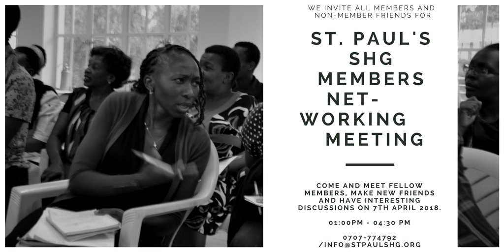 stpaulshg's tweet image. We invite members and non-members for St. Paul's SHG networking meeting on 07th April 2018.

Come make new friends over a cup of coffee and engage in cool discussions. 

#networking #stpaulshg #selfhelpprogramme #nairobi @StPaulsChapel #kenya