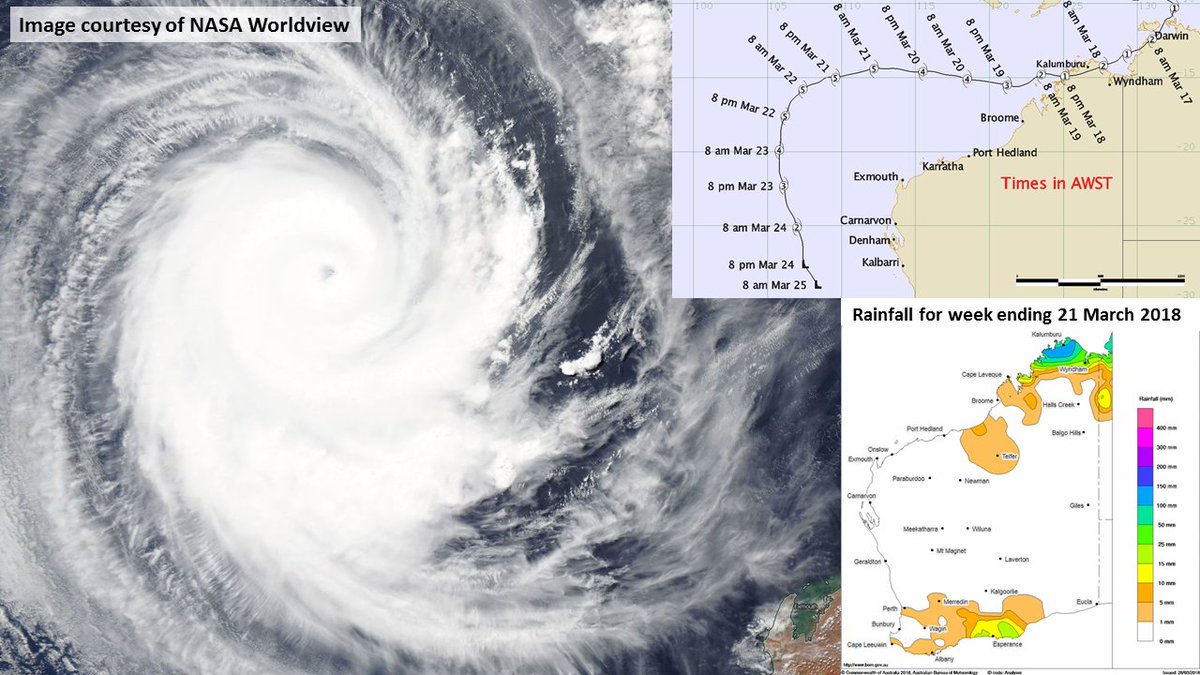 BOM_WA's tweet photo. Severe Tropical Cyclone Marcus was the strongest tropical cyclone anywhere within the Australian Region since Monica in April 2006.  Felled trees and building damage were reported from Kalumburu before Marcus reached category 5 well offshore. See https://t.co/alrMIQnKC2 https://t.co/0dJDX9Dlw0