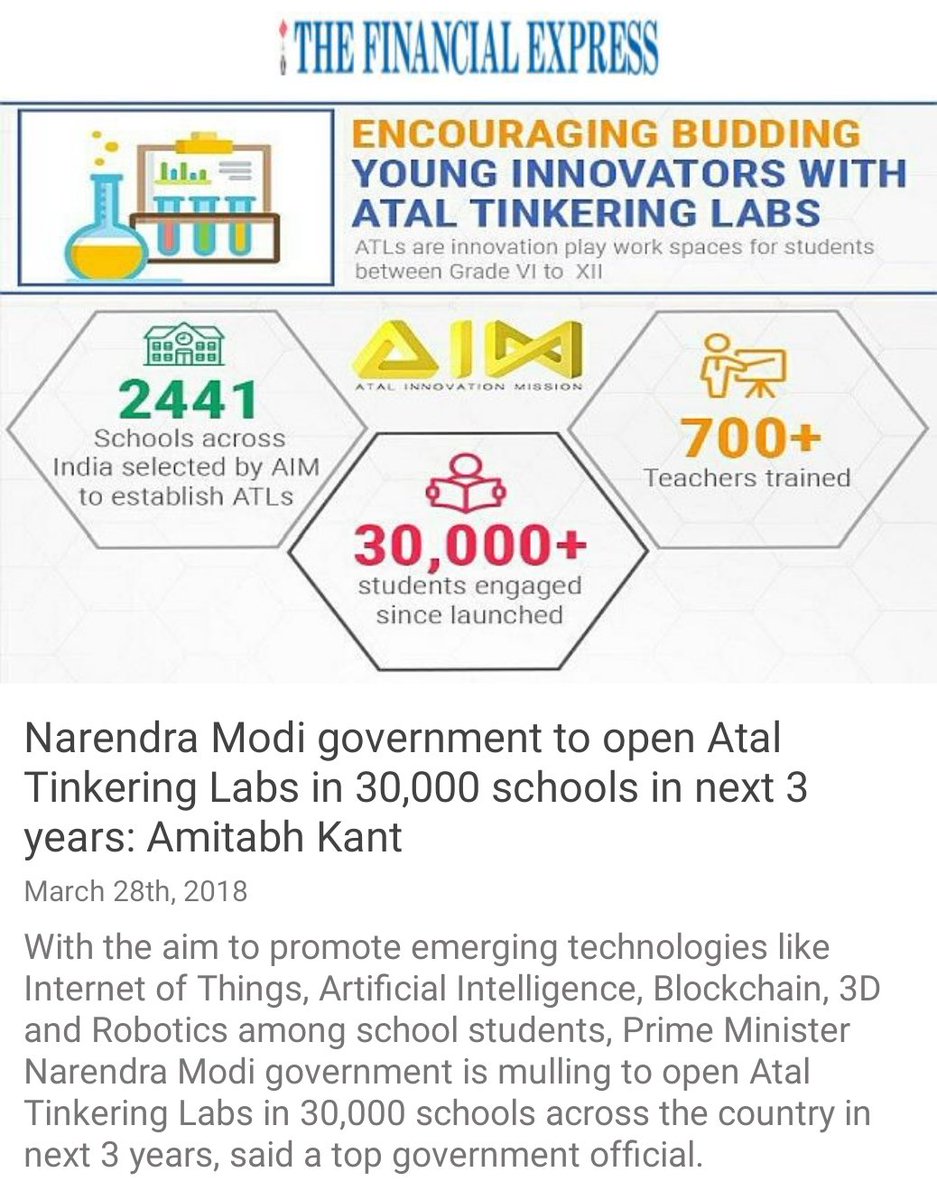 AIMtoInnovate's tweet photo. Narendra Modi government to open Atal Tinkering Labs in 30,000 schools in next 3 years: NITI CEO @amitabhk87 
#AIMtoInnovate
https://t.co/XMkvAVhUhQ via NMApp https://t.co/vvKKj92tTs