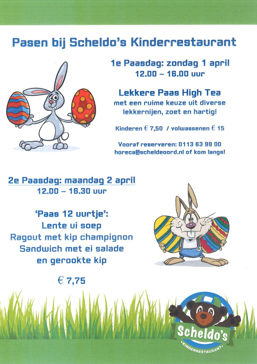 Lekker eten en drinken bij Pasen: 1e Paasdag een lekkere en uitgebreide High Tea bij Scheldo's Kinderrestaurant en/of 2e Paasdag het 'Paas 12 uurtje', een uitgebreide lunch voor slechts 7,75 euro!