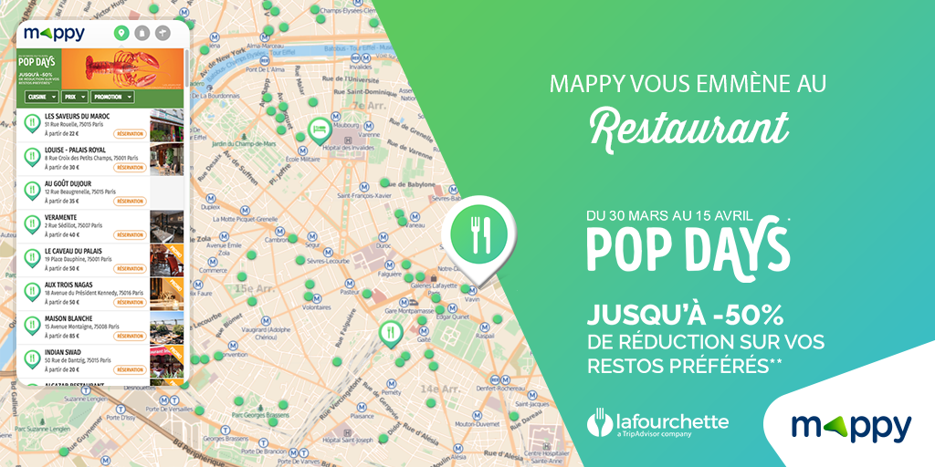Mappy's tweet photo. #PopDays ! Pendant 15 jours grâce à @LaFourchetteMmm, + de 600 restaurants offriront des réductions de -40 à -50% ! #Mappy vous permet de trouver ces restaurants ! Alors profitez-en, les résas sont ouvertes ! >> https://t.co/GBC854DmJx https://t.co/bLMntBOWvO