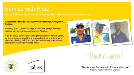 CoJPublicSafety's tweet photo. We salute @JMPDSafety Officers Masinga, Khanyi and Raboya for their professionalism in service of the residents of the @CityofJoburgZA
🙋🏾‍♂️🙋🏽‍♀️🙋🏻‍♀️🙋🏼‍♂️

#JoburgsFinest 👮🏾‍♀️👮🏿work towards creating a #SaferJoburg https://t.co/Jo9fOQa7kL