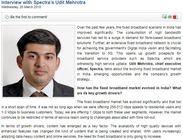 telenet_mag's tweet photo. Interview with @uditm (Udit Mehrotra), CEO, @OnSpectra "Our efforts in the past six years have paid off. As per the @NetflixIndia index, we are the fastest broadband service provider in India". Read https://t.co/3nWhJJ8oIS
@OnSpectraCare #broadband #DigitalIndia #MakeLifeBetter https://t.co/edYc4vNtbV