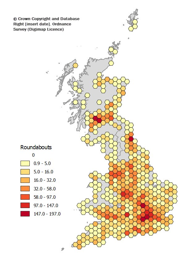EDINA_Digimap's tweet photo. Here is the answer to yesterday's hexmap.... it was roundabouts!  Those hotspots were Milton Keynes and Swindon. Thanks again to @OrdnanceSurvey for the data and #GeoDataViz toolkit.

You can look at Swindon's magic roundabout in Aerial Digimap, with imagery from @GetmappingPLC https://t.co/wJyEbKcd8f
