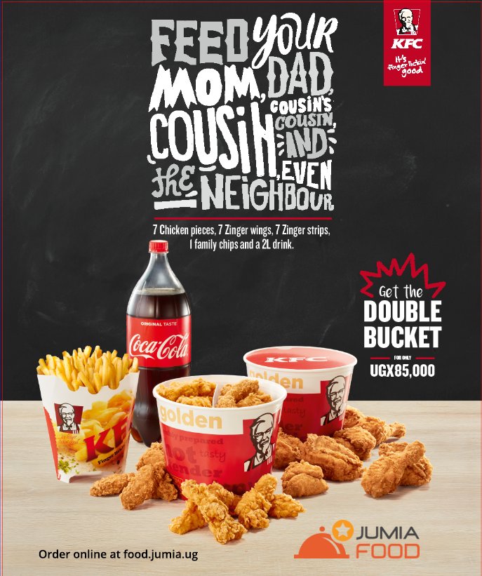 Certified_Afn's tweet photo. Breaking News: KFC is introducing the #DoubleBucket meal: 7 Chicken pieces, 7 Zinger wings, 7 Zinger strips, 1 family chips and 2L drink for only UGX 85,000. A meal for everyone, order here https://t.co/WiWYvBrLyC https://t.co/xcdWoD1lru