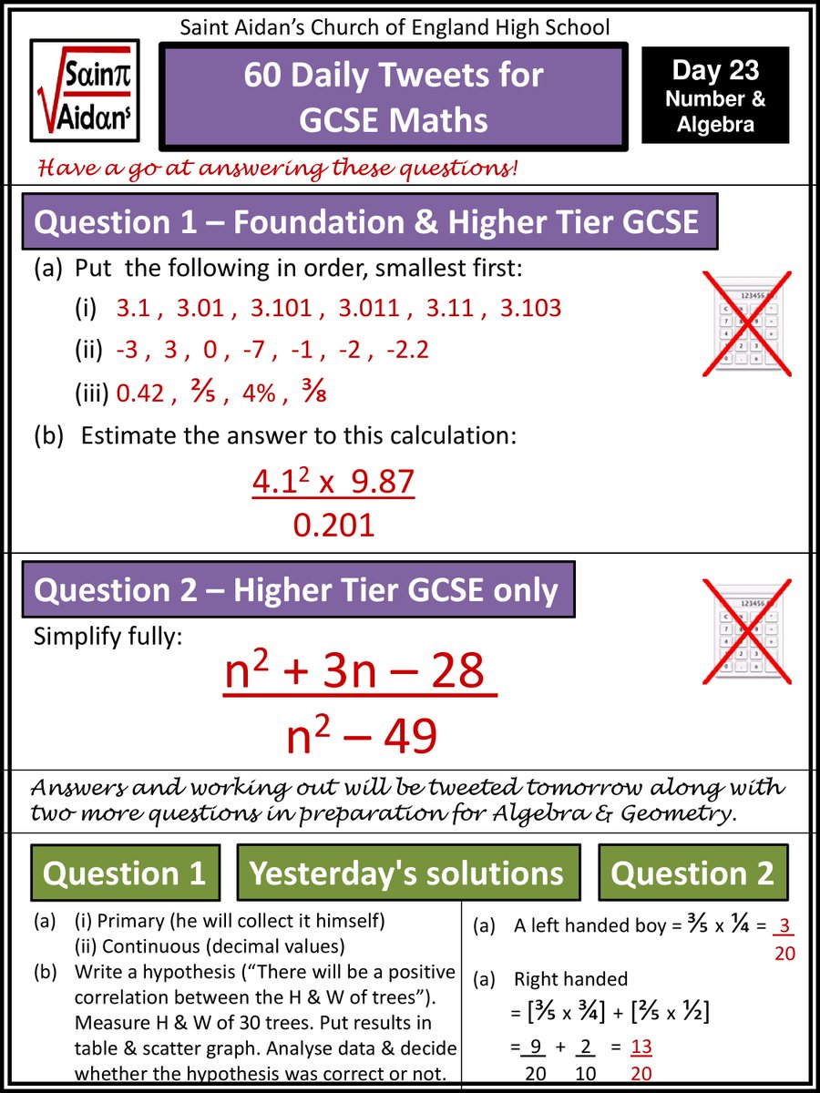 SaintAidansMath's tweet photo. No. 23 of 60 daily tweets designed to help Yr 11 prepare for their Maths GCSE this Summer - Today you'll need your factorising boots on! - Answers and more questions tomorrow! https://t.co/Hfct0UdJgK