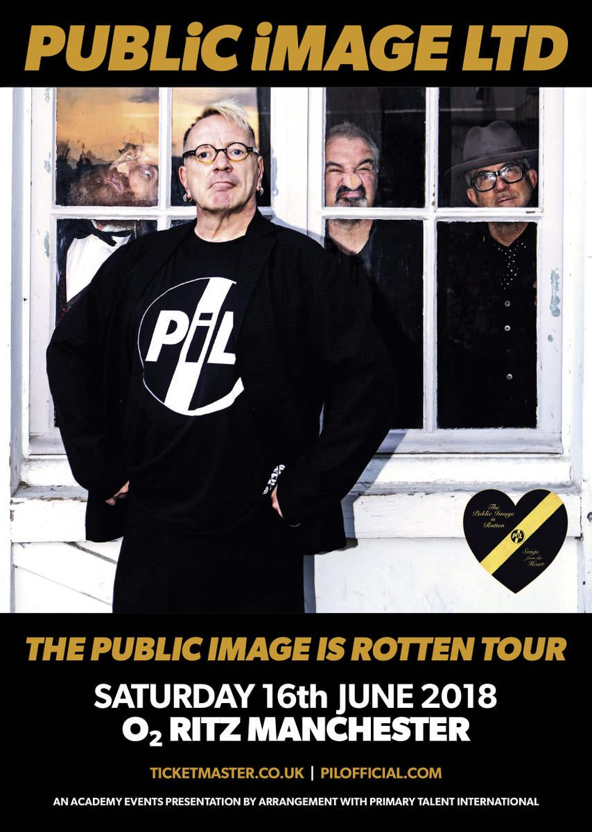 O2RitzManc's tweet photo. To celebrate their 40th anniversary, John Lydon’s @pilofficial are embarking on ‘The Public Image is Rotten’ UK tour. Widely regarded as one of the most innovative and influential bands of all time, PiL’s live shows are not to be missed. 16/06/18 🎫https://t.co/nFKNnVAFsJ🎫 https://t.co/ErNG0Uwys4