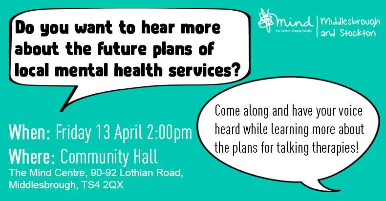 TeessideMind's tweet photo. This is an opportunity to hear the plans of the new talking therapies contract and to give your feedback, as people who use the services!

Open to anyone but please book your place by emailing penny.fenton@middlesbroughandstocktonmind.org.uk. Refreshments will be provided. https://t.co/LkjQet3wdD