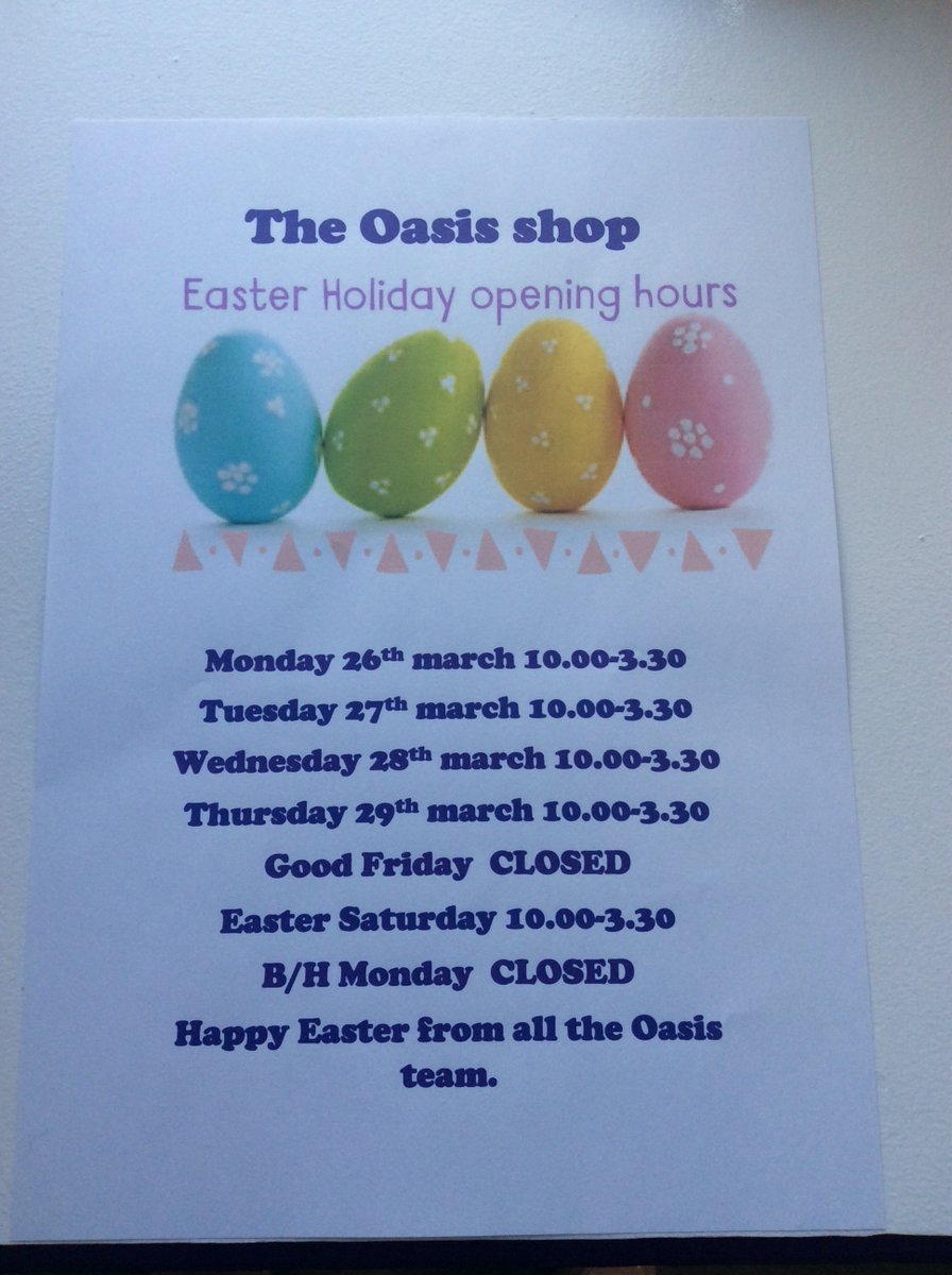 Here’s our Easter Holiday opening times! Wishing all our customers and supporters a very Happy Easter and joyous Spring break. From all the team here at Oasis! Enjoy!! 🐣🌞🐝🌸🌷🐥🐣👠👛🎒🌂👜👡👖 👟