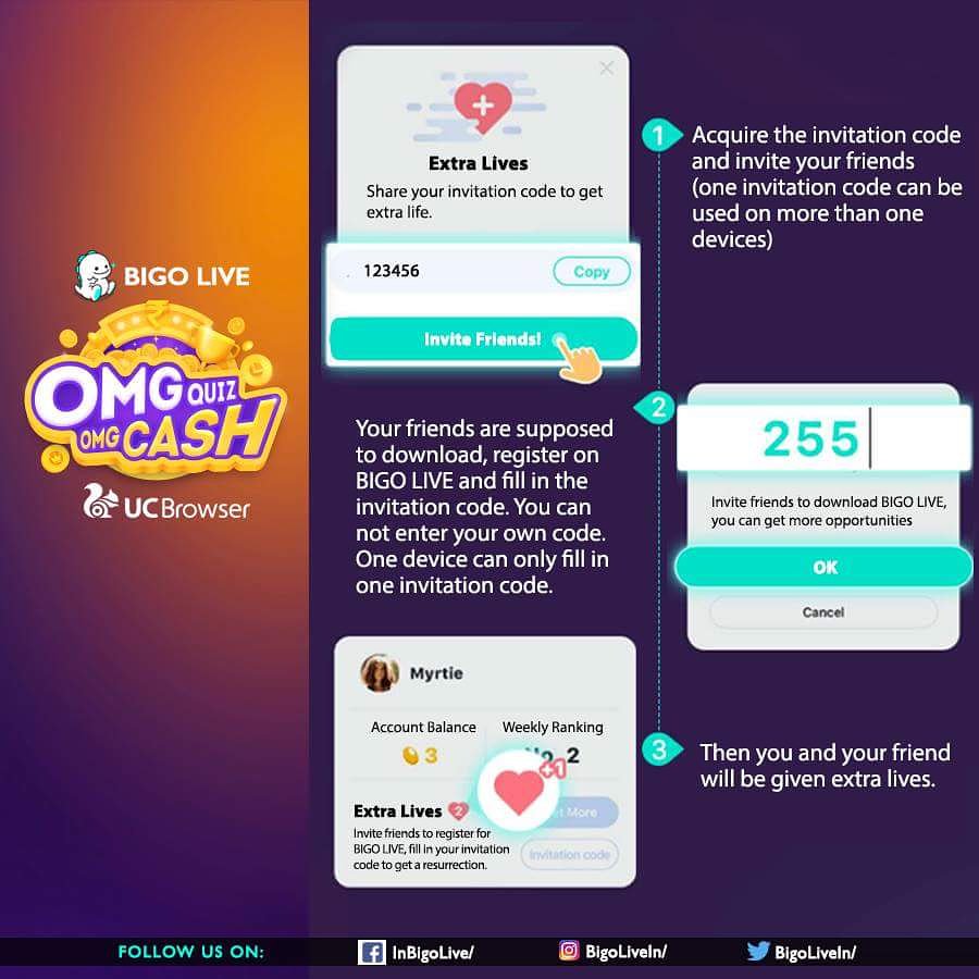 BigoLiveIn's tweet photo. Play OMG QUIZ OMG CASH along with your friends.
Invite them using your referral code and get extra lives to maximise your winning chances.
#OmgCash #ExtraLives #BigoLive #BigoLiveIndia #UcBrowser https://t.co/HKc9ixe7cc