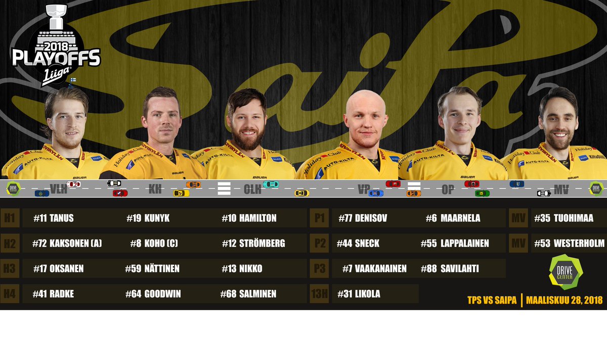 Liiga_SaiPa's tweet photo. Neljännesfinaalien viidenteen otteluun seuraavalla #DriveCenter -kokoonpanolla.
#SaiPa #MeidänPojat #MeijänKevät https://t.co/qLPrTUbqtm