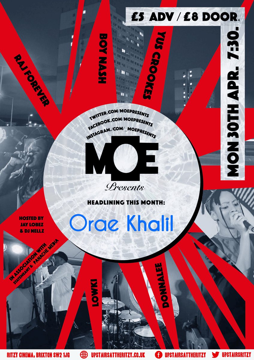 #MOEPresents ... APRIL EDITION!

<a href="/Orae_Khalil/">Gappy Smooth</a> <a href="/BoyNash/">BOY NASH</a> <a href="/yuscrookes/">yus💌</a> @DonaleeRalston @RAJFOREVER_ @frvrlwki 

Hosted by <a href="/NELLZDAXPRT/">ItsDJNellZTheExpert</a> &amp; <a href="/jaylobez/">|LookOutLondon|</a>

Cypher! Giveaways from <a href="/statemeant/">STATEMEANT</a>

£5 tix available via 
goo.gl/XkKmn9
