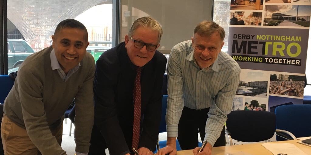 Leader of <a href="/GedlingBC/">Gedling Borough Council</a> John Clarke joined <a href="/MyNottingham/">🏹 My Nottingham</a> Leader Jon Collins and <a href="/DerbyCC/">Derby City Council</a> Leader Ranjit Banwait this morning to formally sign up to the Derby Nottingham Metro Strategy which is strengthening co-operation between councils and businesses to benefit local residents.