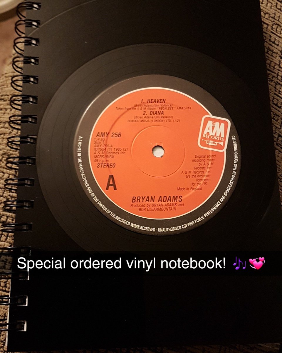 80Hewey's tweet photo. Our special order arrived! A vinyl notebook! Absolutely amazing! 🎶💞 Perhaps we can get a special autograph in it this summer! 😉 @bryanadams #heaven #diana #fitsyagood
#vinylart #autopgraphcollector
@cupevents #80'smusic #bryanadamsultimate https://t.co/WNZWlPPH2X