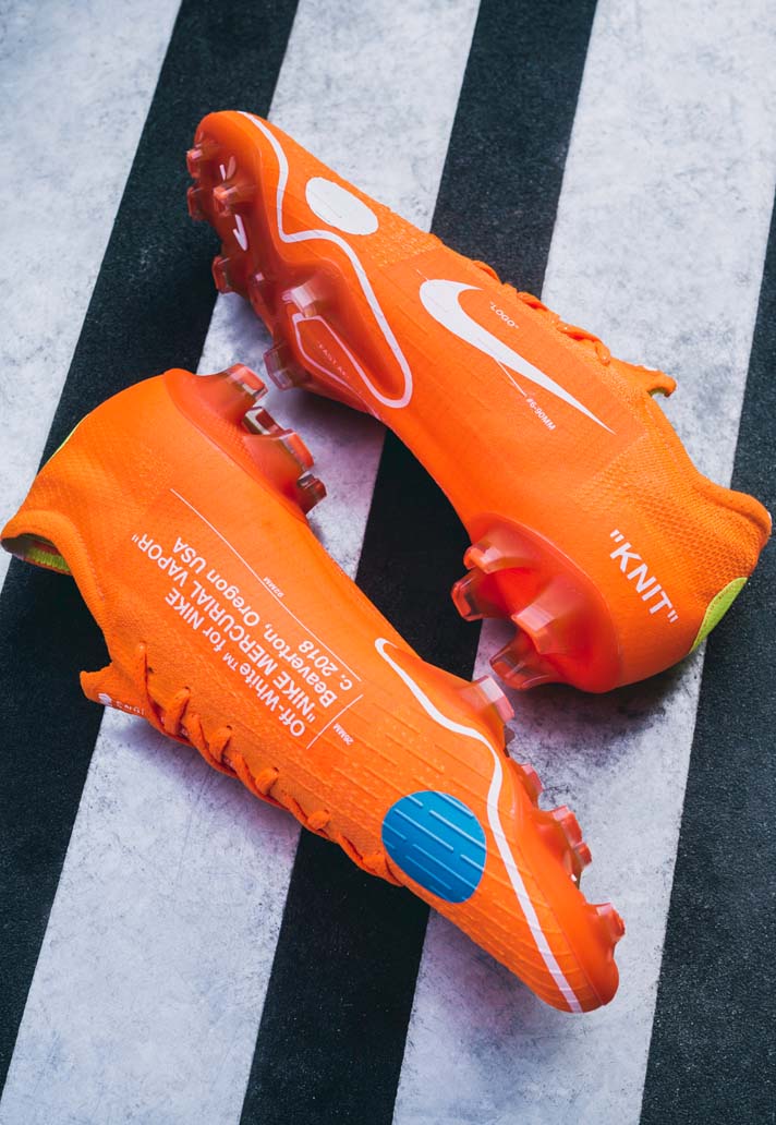SoccerBible's tweet photo. Off-White hype. @nikefootball reveal the limited edition Mercurial 360 x Virgil Abloh, set to be worn by @KMbappe. Closer look: https://t.co/n9FpNRDmxL https://t.co/R4rBhZnCfK