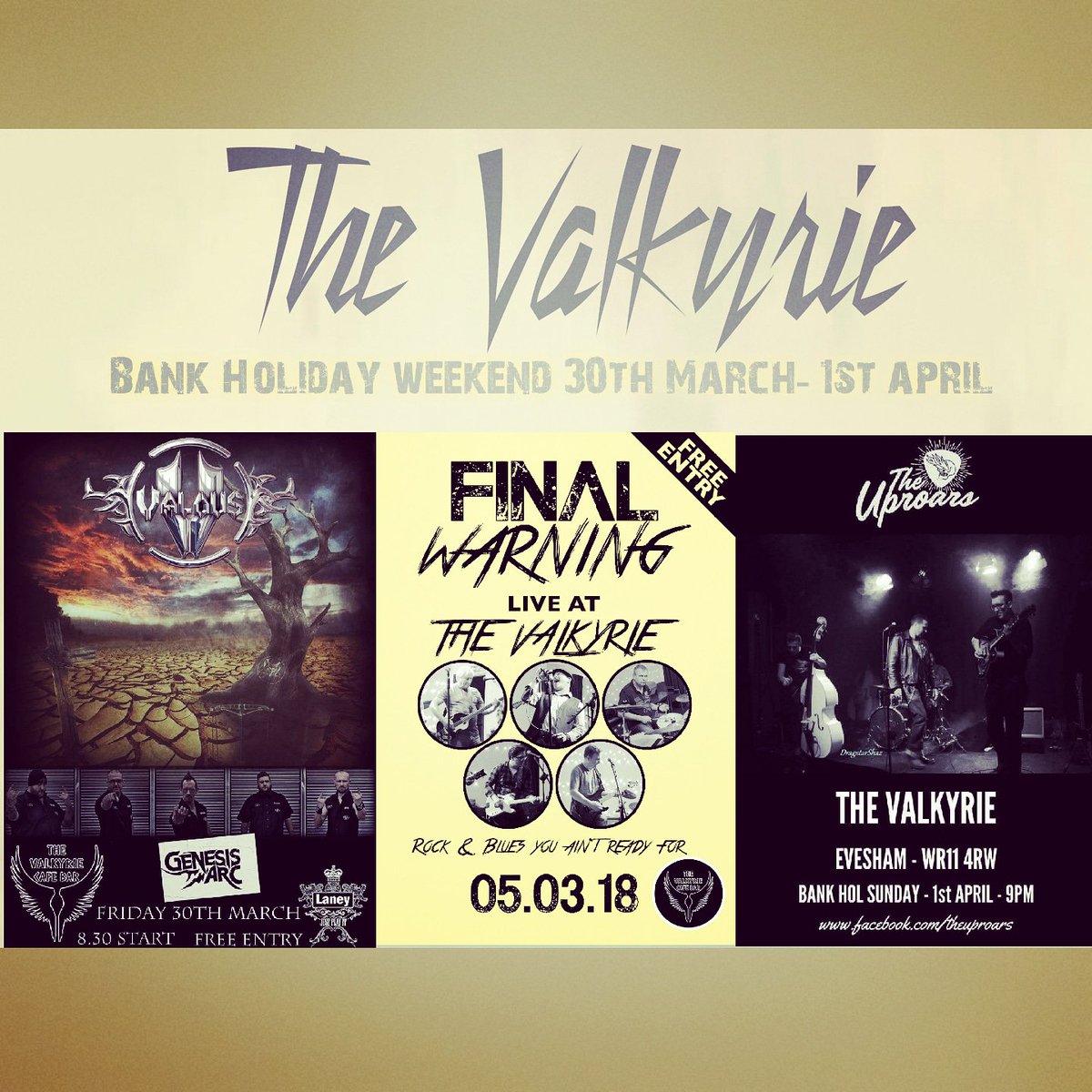 TheValkyrieBar's tweet photo. This weekend at The Valkyrie we have something for everyone! From metal on Friday night with @ValousBand and @GenesisArcUK, to Rock &amp; Blues with Final Warning with our very own Thom Parry on Saturday Night, and as if that wasn't enough we also have @theUPROARS on BH Sunday!!! https://t.co/5nwbwrNPwj