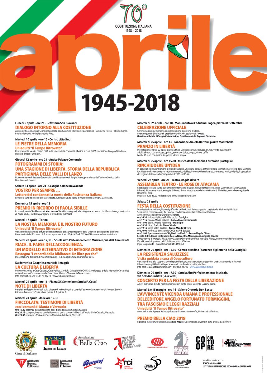 Aprile, un mese di Resistenza.
Come ogni anno, in occasione del 25 aprile, la Città di Saluzzo  propone un vero e proprio programma di eventi, cerimonie, incontri, mostre, per riflettere su un momento nodale per la storia d’Italia.
comune.saluzzo.cn.it/aprile-un-mese…