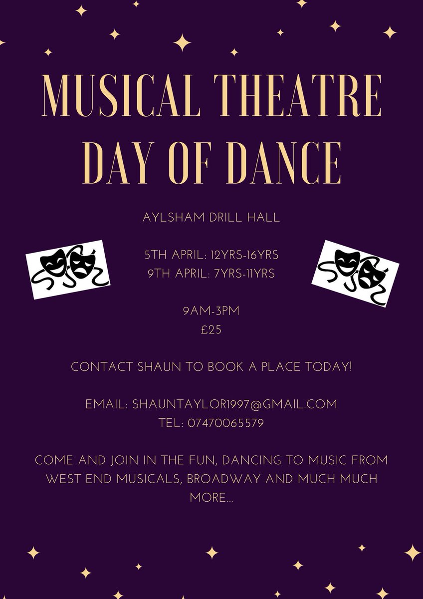 shaunmtaylor97's tweet photo. The first of my 2 Musical Theatre Day of Dance Workshops is just over a week away and I still have lots of spaces for both! Please make sure you book a place 💃 All abilities welcome! @Aylsham https://t.co/xQG2UvG3m6