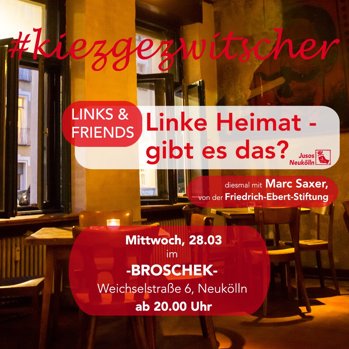 Es gibt ein Heimatministerium und wir denken an Trachten und Schweinsbraten. Was bedeutet Heimat für Dich? Haben Linke eigentlich auch eine Heimat und wie kann die aussehen?
Darüber diskutieren wir miteinander und mit Marc Saxer von der #FES      Bis nachher beim #kiezgezwitscher