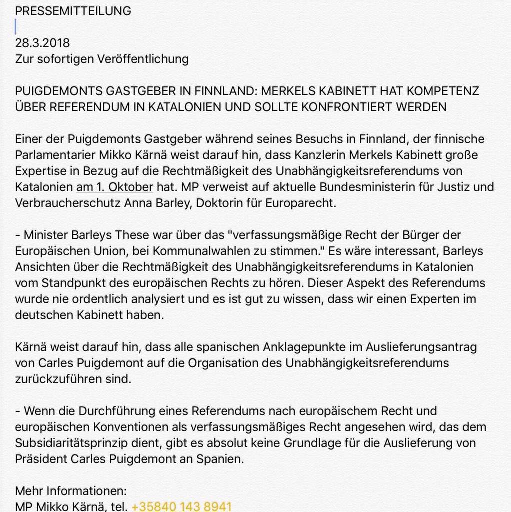 KarnaMikko's tweet photo. Pressemitteilung! @AngelaMerkeICDU’s kabinett hat kompetenz über referendum in Katalonien und sollte konfrontiert werden. RT danke schön! #Catalonia #Katalonien #Puigdemont #FreePuigdemont #FreeCatalanPoliticalPrisoners https://t.co/of1eRZlMOg