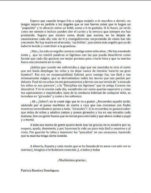 MareaBuenaGente's tweet photo. Buenos días:

Quiero hacerles llegar, a modo de agradecimiento, una carta que en el día de ayer le escribí a Gabriel.

Pienso que no hay una forma mejor de agradecer  a todas las personas que nos han y siguen ayudando, que con este escrito que sale del alma para mi #pescaíto. https://t.co/wze2bXIZr9