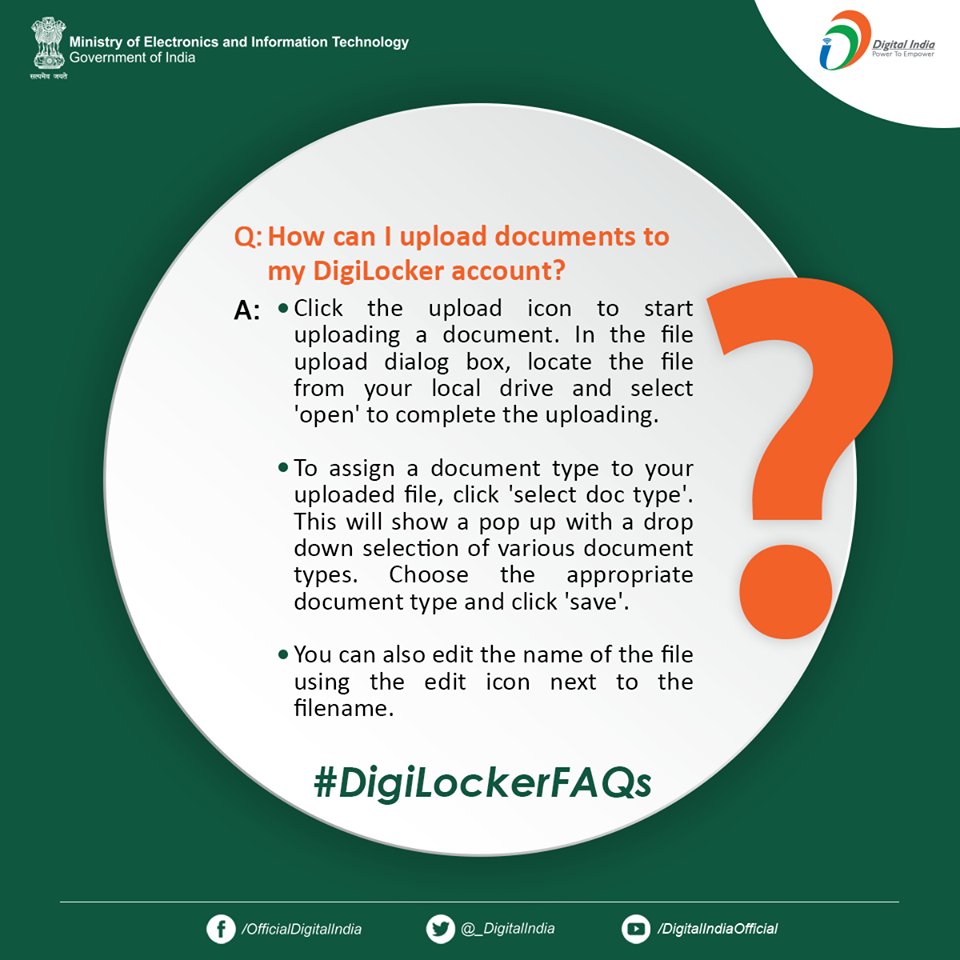 _DigitalIndia's tweet photo. #DigitalIndiaFAQs | How can i upload documents to my @digilocker_ind account?
#DigiLockerFAQs #DigitalIndiaFacts https://t.co/vPBRtumrNU