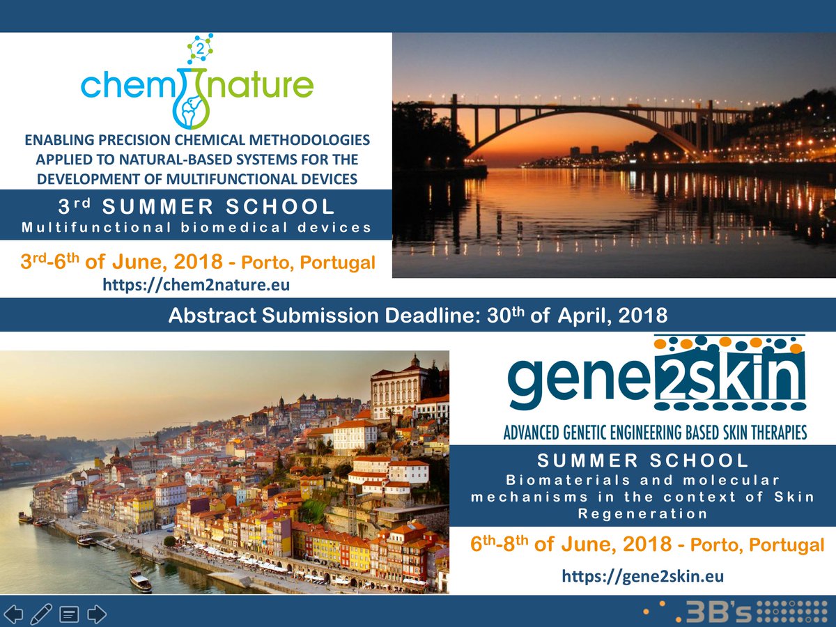 3bsuminho's tweet photo. CALL FOR ABSTRACTS IS NOW OPEN
Summer School CHEM2NATURE
Summer School GENE2SKIN
03-08 June 2018, Porto, Portugal
https://t.co/cq4yQ4U3CS
#termstem #gene2skin #chem2nature https://t.co/ZgTScD7tJj