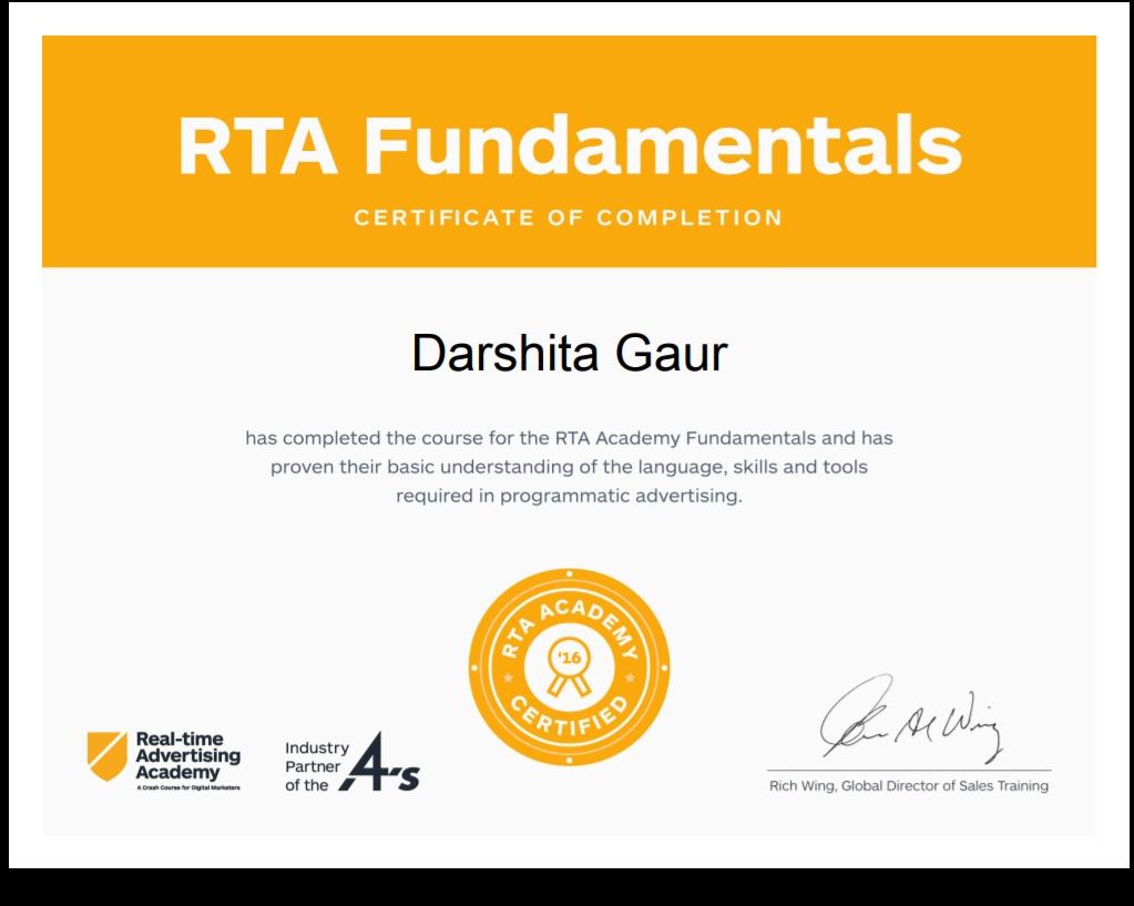 DarshitaGaur's tweet photo. Yay!! Successfully completed #RealTimeAdvertising #RTA #Fundamental Exam for #Programmatic #Quantcast
#OnlineMarketing #DigitalMarketing #Adwords #GoogleAdwords #Google #PPC #PaidSearch #DisplayAds
https://t.co/XGFiGT0oV6 https://t.co/U9ZdxgvnON