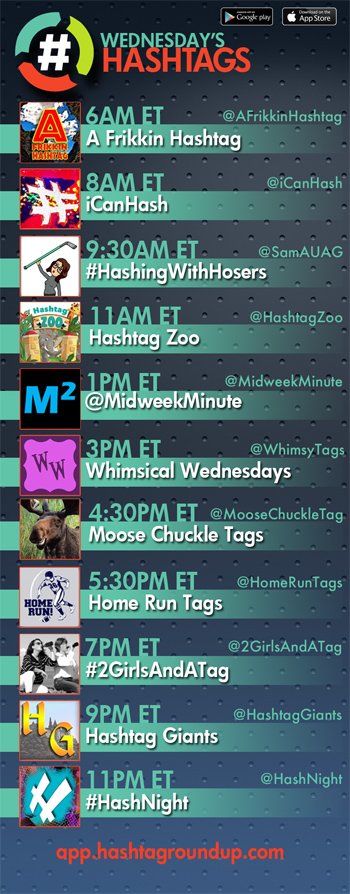 Hashtag Roundup - Wednesday

Download our FREE hashtag game app - IOS/Android - at app.hashtagroundup.com 
(Game notifications sent right to your phone! Best of lists! Full game schedule!)

11PM ET <a href="/HashNight/">Hash Night</a>