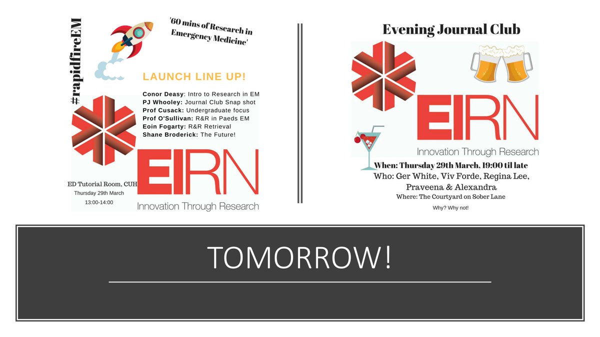 DocSBroderick's tweet photo. #EIRN launch tomorrow. Kicks off in ED Tutorial room from 13:00 with #rapidfireEM for an hour. Hot lunch served. Our new website https://t.co/Hi8JMvvzTL goes live tomorrow. Don't forget Evening JC tomorrow evening @TheCourtyardSL from 1900-Late for 'Papers and Pints' RT/T/Comment https://t.co/DqKZHxoRWq