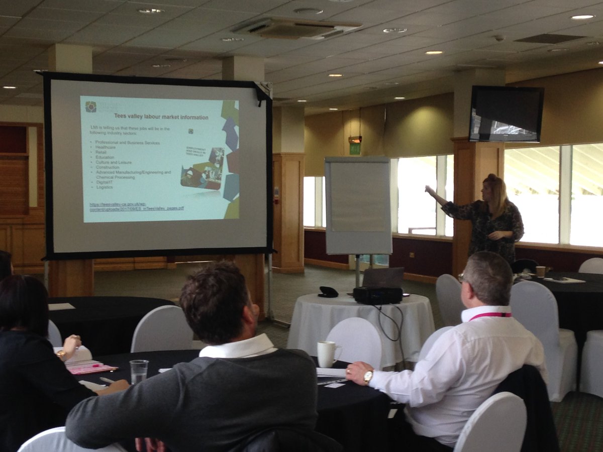 SCHOOLSNE's tweet photo. #FutureReady18 Kelly Britton-Hawes of @TeesValleyCA talking delegates through 'Tees Valley, Inspiring our Future' at Newcastle Racecourse today https://t.co/88h6TnLE4x