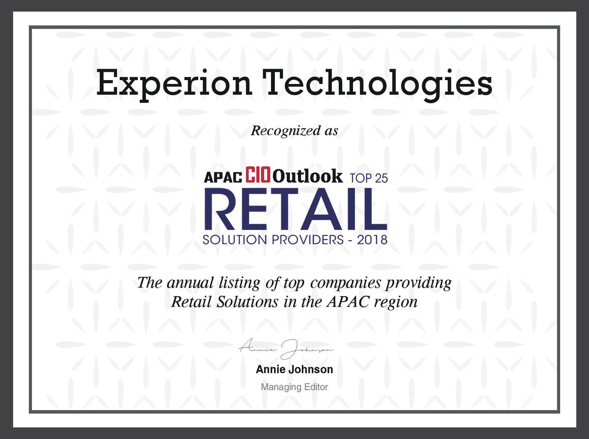experionglobal's tweet photo. Experion is one of the top 25 #Retail IT Solution providers in #APAC. The ranking has been done by @APACCIOoutlook for 2018. Read the interview with our COO here: https://t.co/ShnX0d6kjk https://t.co/jUiKxDQ8D8