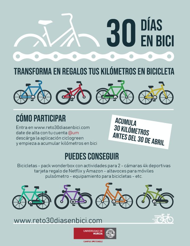 Te proponemos un reto para estas vacaciones: la campaña 30 Días en Bici de <a href="/Ciclogreen/">Ciclogreen</a> ¡Si entras con tu cuenta <a href="/UMU/">Universidad Murcia</a> puedes ganar estupendos premios! entra en um.es/web/campussost… y entérate de todo #30diasenbici #30daysofbiking